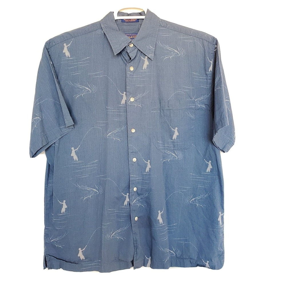 Pendleton Mens Size Medium Button Up Blue Fly Fishing Short Sleeve‎ Cotton Shirt